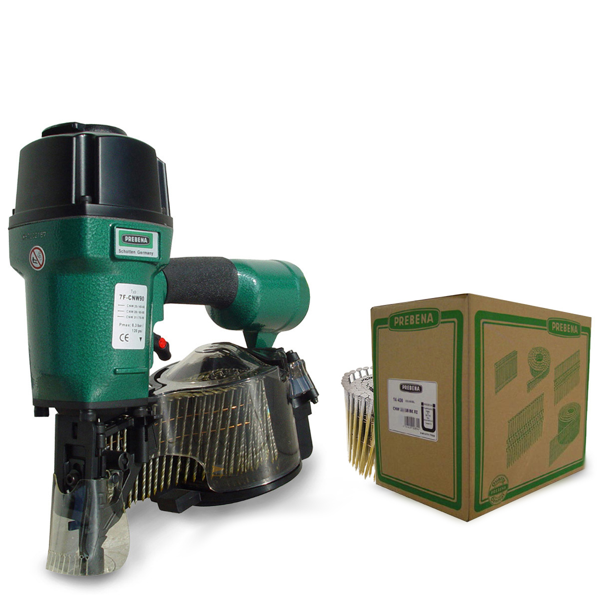 AKTION Prebena Coilnagler 7F-CNW90 + 1 Schachtel CNW28/65BKRI + DF-Meterstab