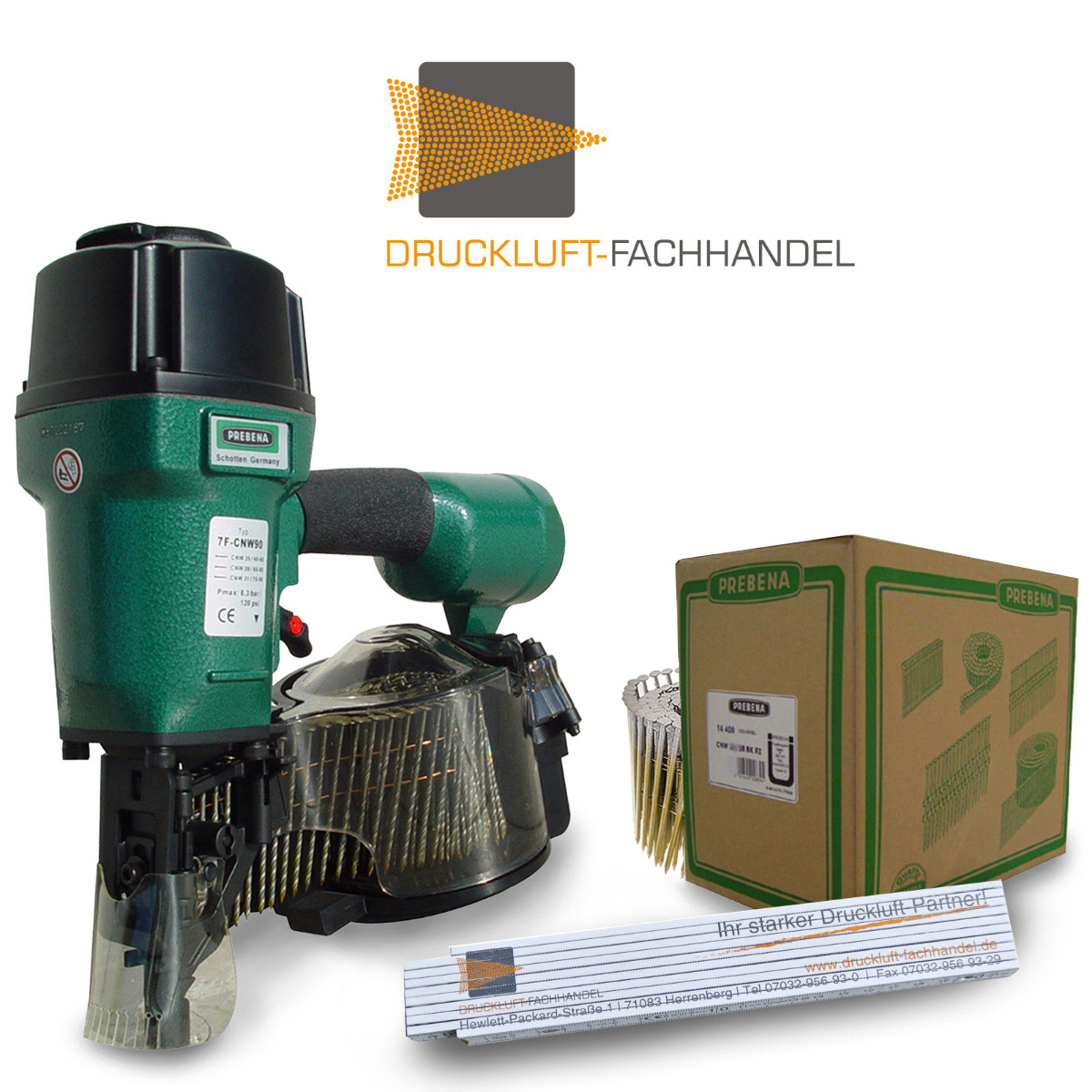 AKTION Prebena Coilnagler 7F-CNW90 + 1 Schachtel CNW28/65BKRI + DF-Meterstab