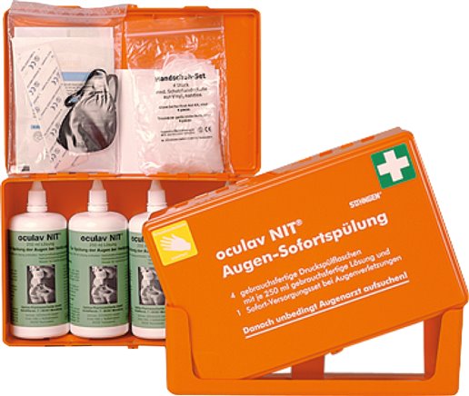 Augenspülung, Sofortset: Kunststoffbox mit praktischer Wandhalterung.