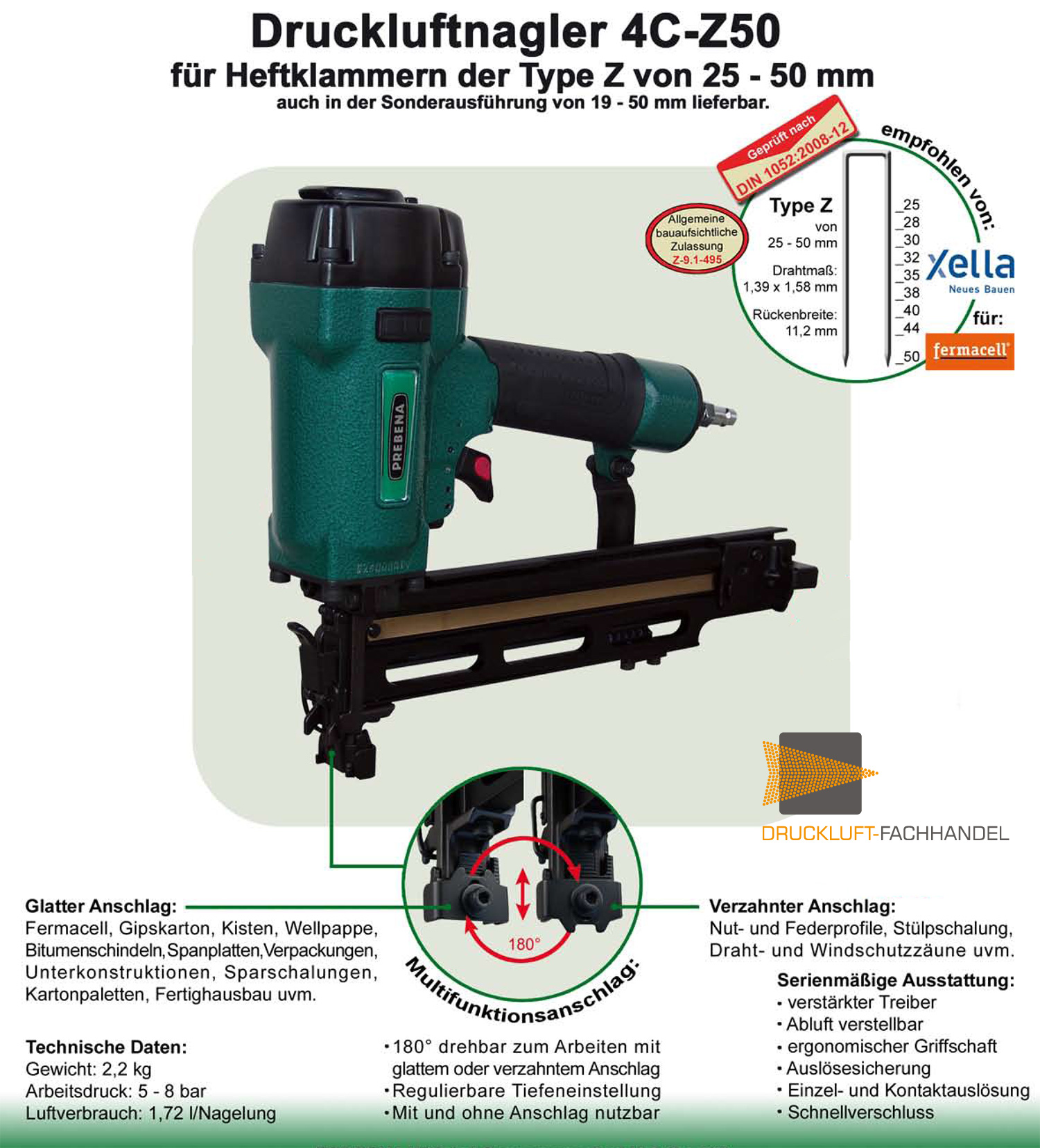 AKTION Prebena Druckluftnagler 4C-Z50 + 1 Schachtel Z40CNKHA-Klammern + 1 Schachtel Z50CNKHA-Klammern