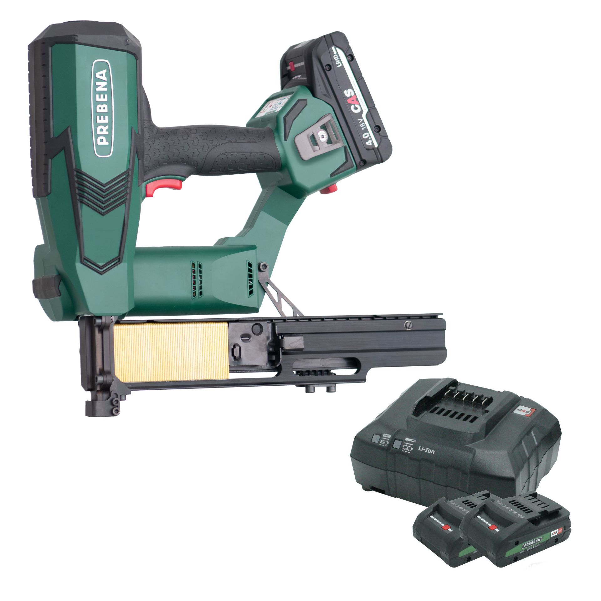 Chiodatrice pneumatica a batteria Prebena per chiodi a testa piatta (brads) tipo J da 16-55 mm
