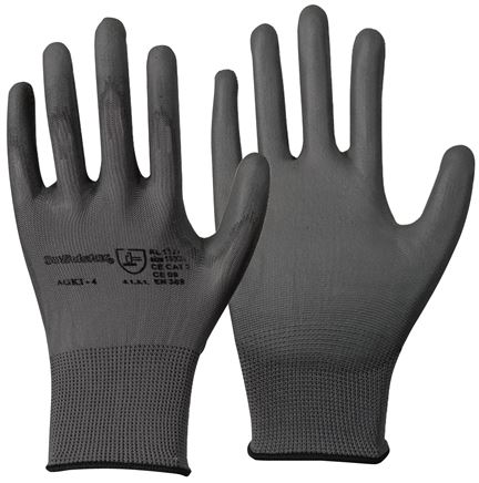 Feinstrick Handschuh mit PU-Teilbeschichtung, fusselfrei, grau, S, Schutzklasse (EN 388) 4.1.3.1.X