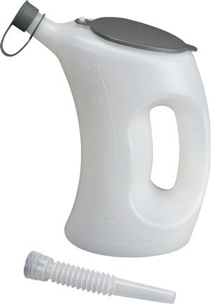 5 ltr. Messkanne (PE, weiß) mit flexiblem Auslaufrohr, Deckel, Verschlusskappe