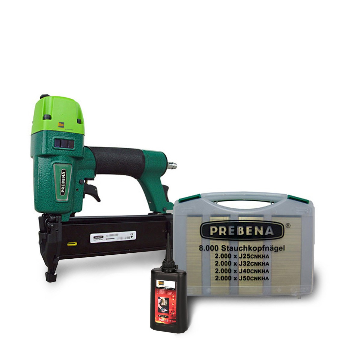 AKTION Prebena Druckluftnagler 2XR-J50 + J-Box + Spezial-Öl - der Vergleichssieger unter den Naglern!